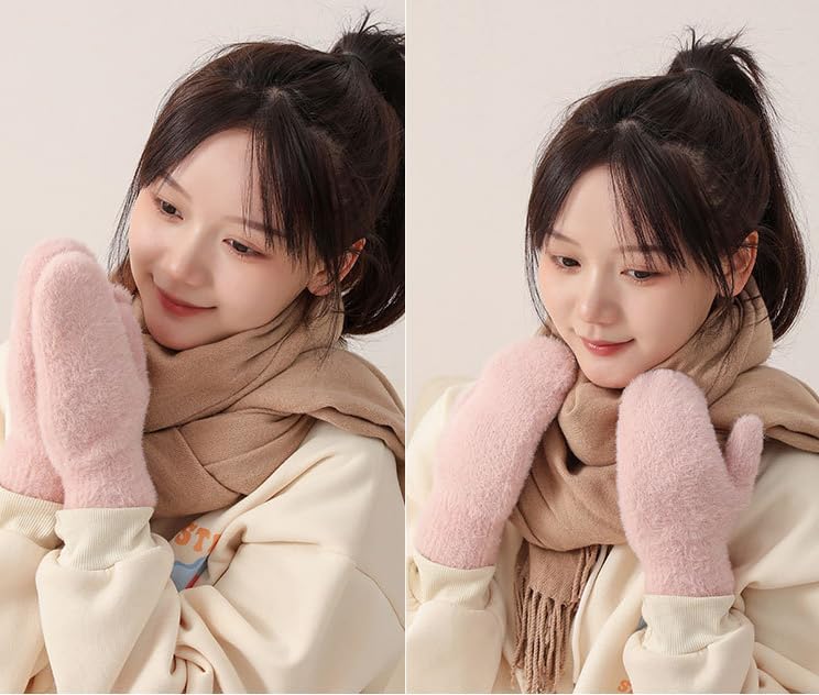 Eohak Winter Warm Mittens for Women - Knit Gloves Soft Wool Thick Fleece Lining Mittens - Image 5